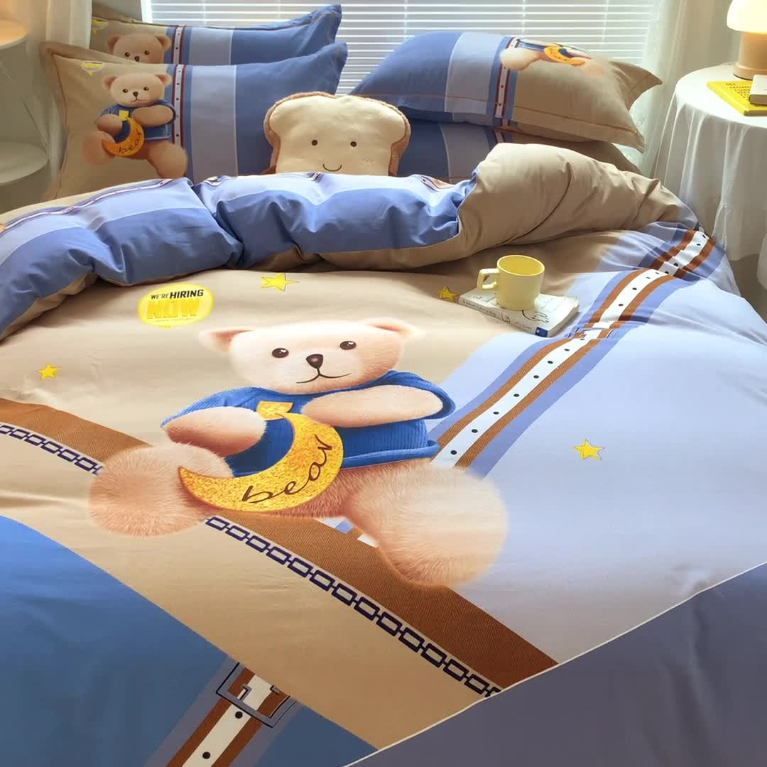 91家纺网 家纺一手货源 找家纺 金爱家 2021新款大版磨毛卡通系列四件套 哈尼-熊