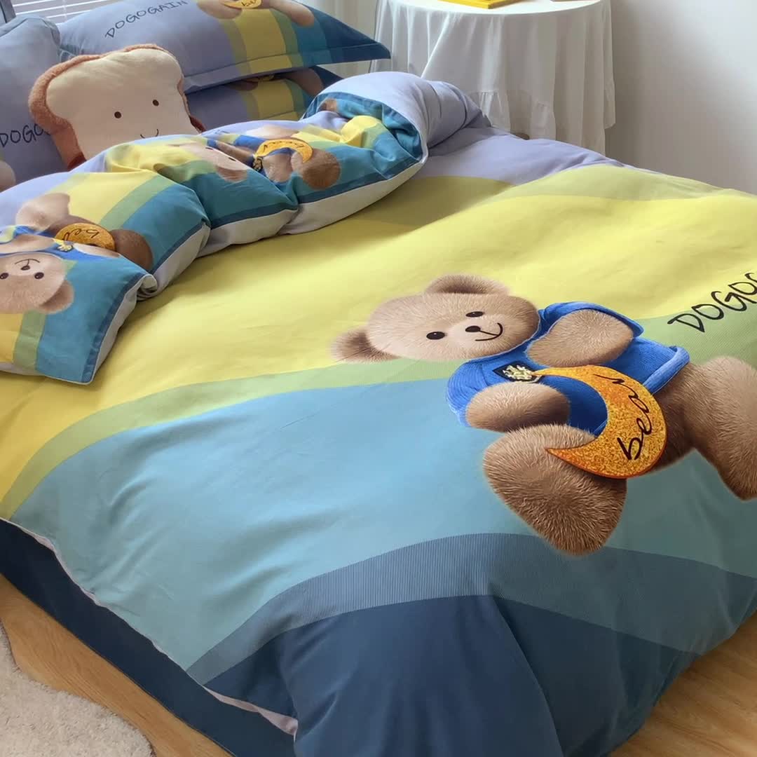 91家纺网 家纺一手货源 找家纺 金爱家 2021新款大版磨毛卡通系列四件套 童趣-绿