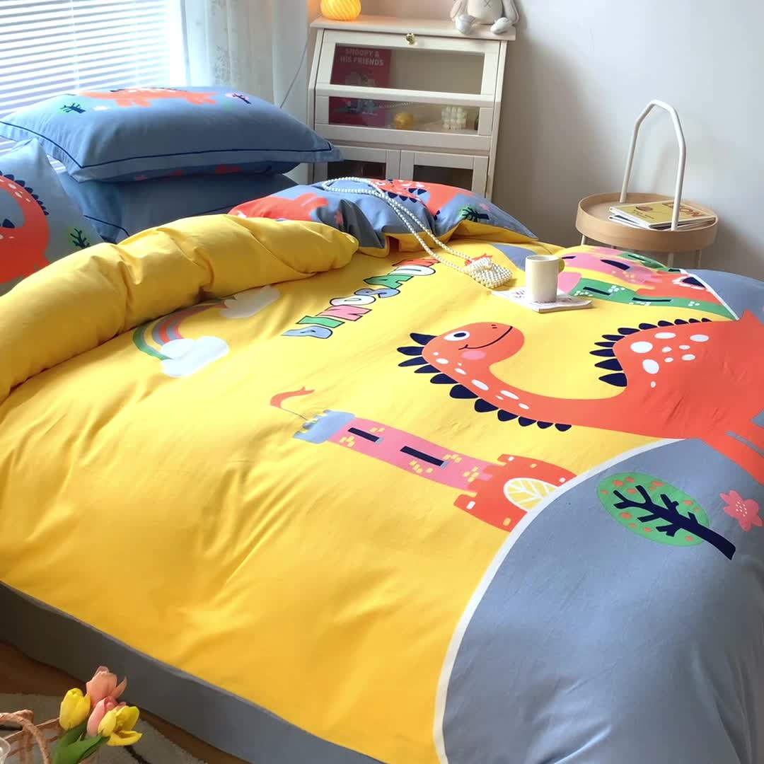 91家纺网 家纺一手货源 找家纺 金爱家 2021新款大版磨毛卡通系列四件套 中华恐龙