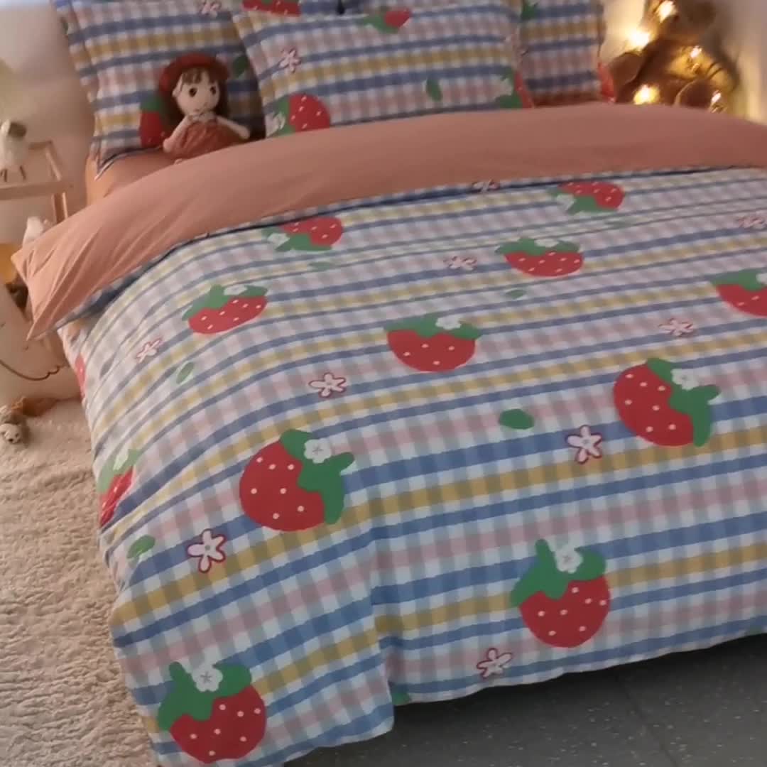 91家纺网 家纺一手货源 找家纺 金爱家 2021新款纯棉磨毛小清新四件套 草莓