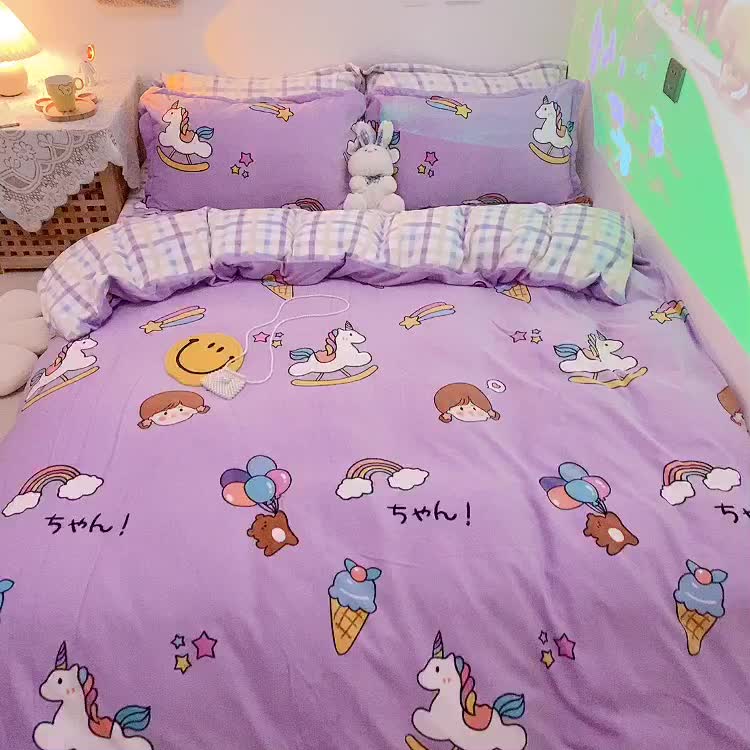 91家纺网 家纺一手货源 找家纺 沐棉家纺2021新款卡通牛奶绒四件套 快乐女孩