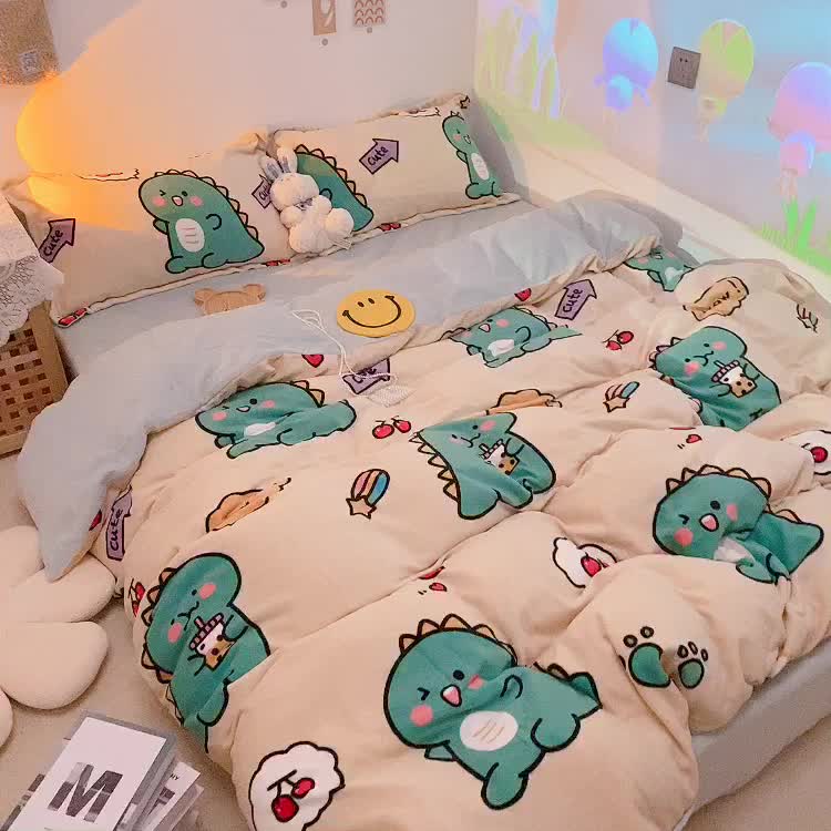 91家纺网 家纺一手货源 找家纺 沐棉家纺2021新款卡通牛奶绒四件套 小恐龙