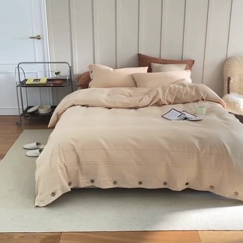 91家纺网 家纺一手货源 找家纺 华超针织 2021新款纽扣提花水洗棉四件套 卡其