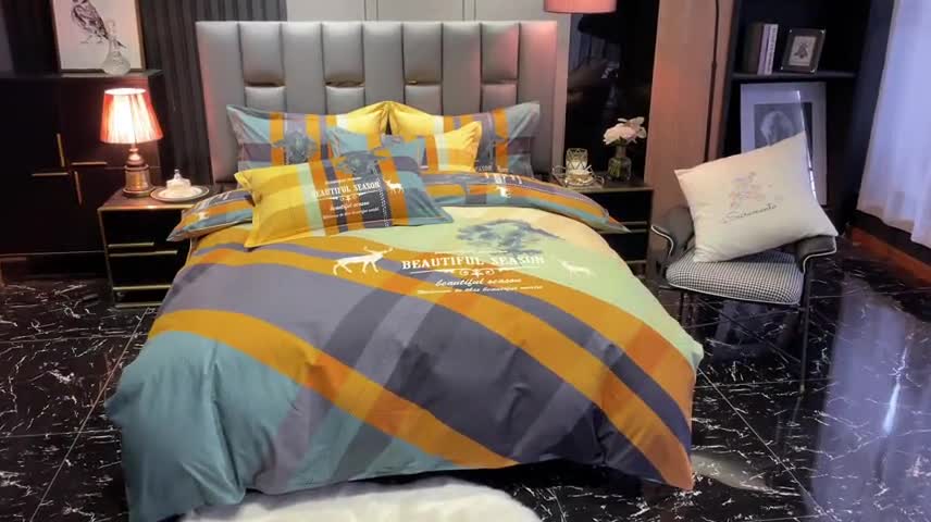 91家纺网 家纺一手货源 找家纺 金爱家 2021新款大版磨毛条格简约四件套幻影