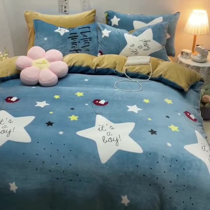 91家纺网 家纺一手货源 找家纺 芃成家纺 2021新款牛奶绒印花四件套 星辰恋