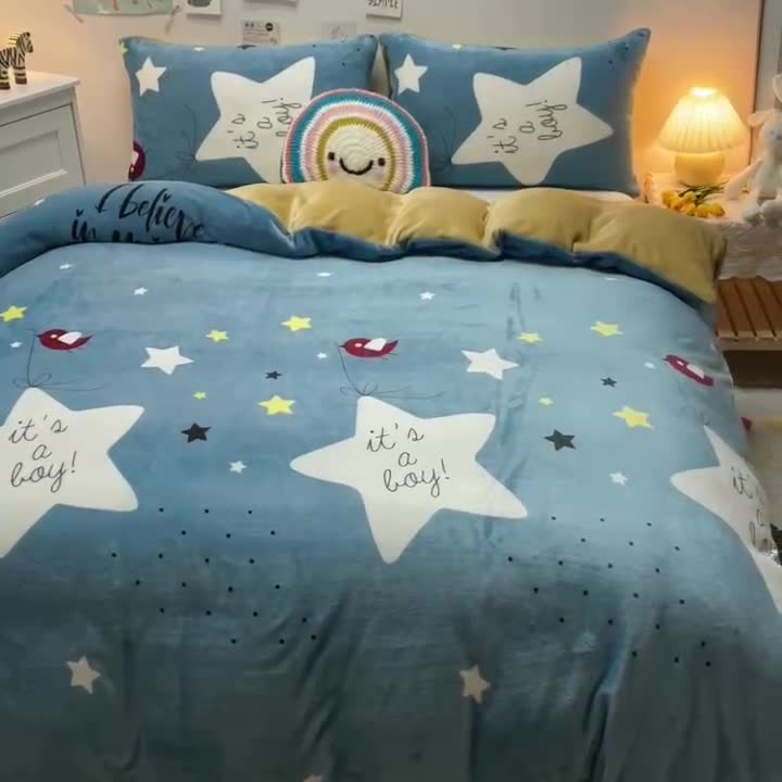 91家纺网 家纺一手货源 找家纺 芃成家纺 2021新款牛奶绒印花单被套 星辰恋