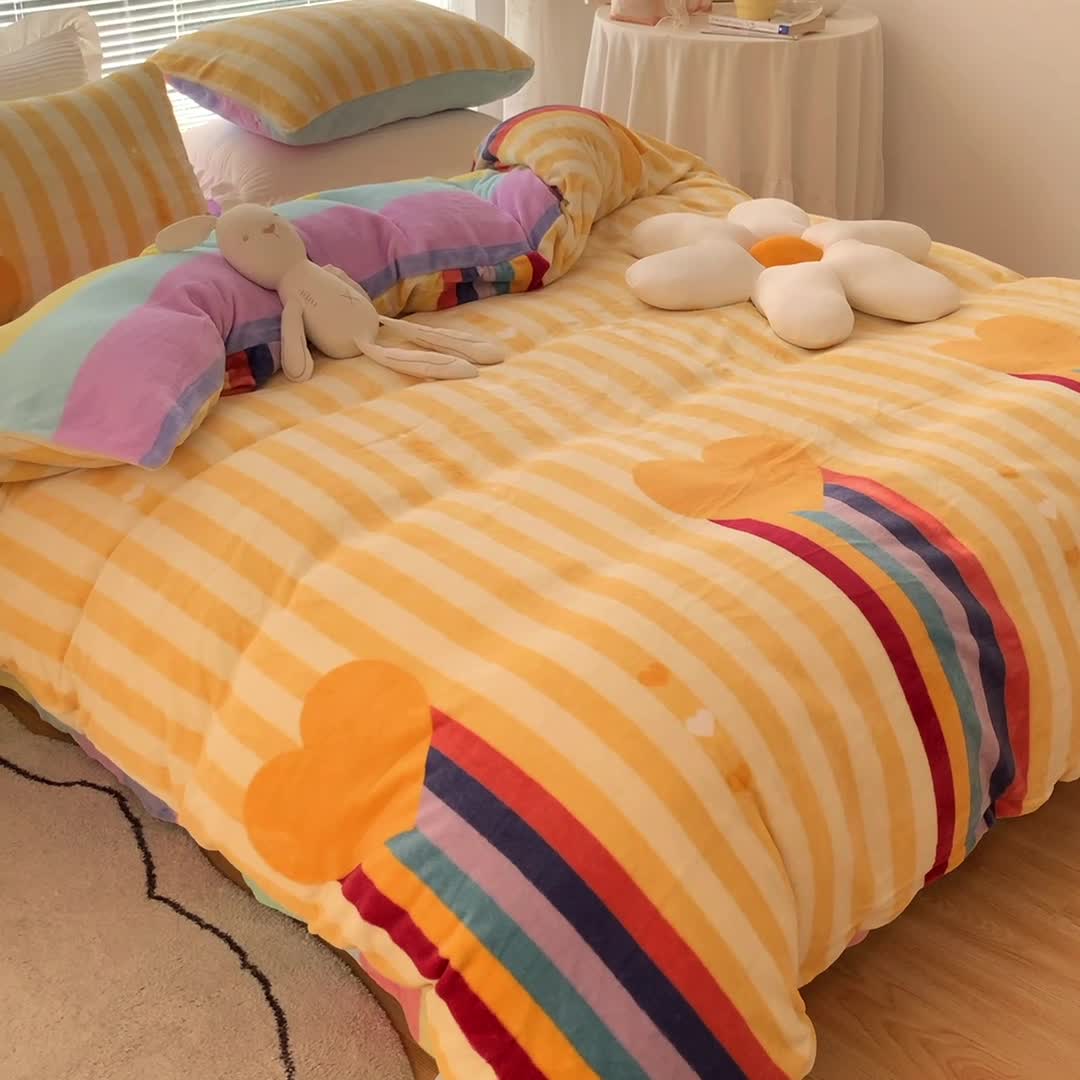 91家纺网 家纺一手货源 找家纺 安哆啦 2021新款220g牛奶绒简约款四件套 彩虹洋