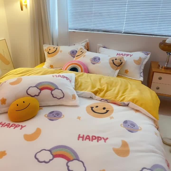 91家纺网 家纺一手货源 找家纺 川悦生活 2021新款立体雪花绒四件套直播供货 欢乐微笑