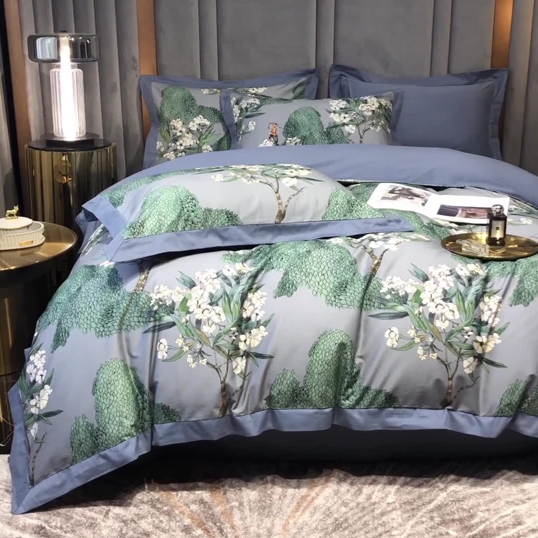 91家纺网 家纺一手货源 找家纺 朵美2021新款100支全棉双股磨毛印花系列四件套森美（灰）