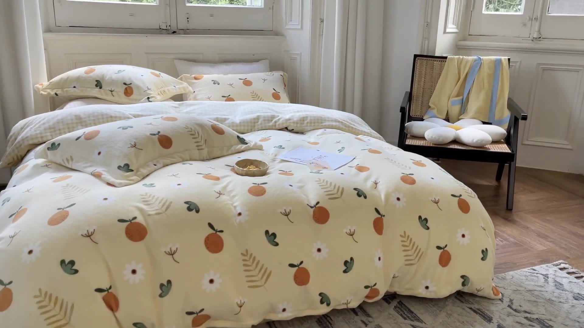 91家纺网 家纺一手货源 找家纺 柚子  2021新款牛奶绒印花四件套 橙子多多