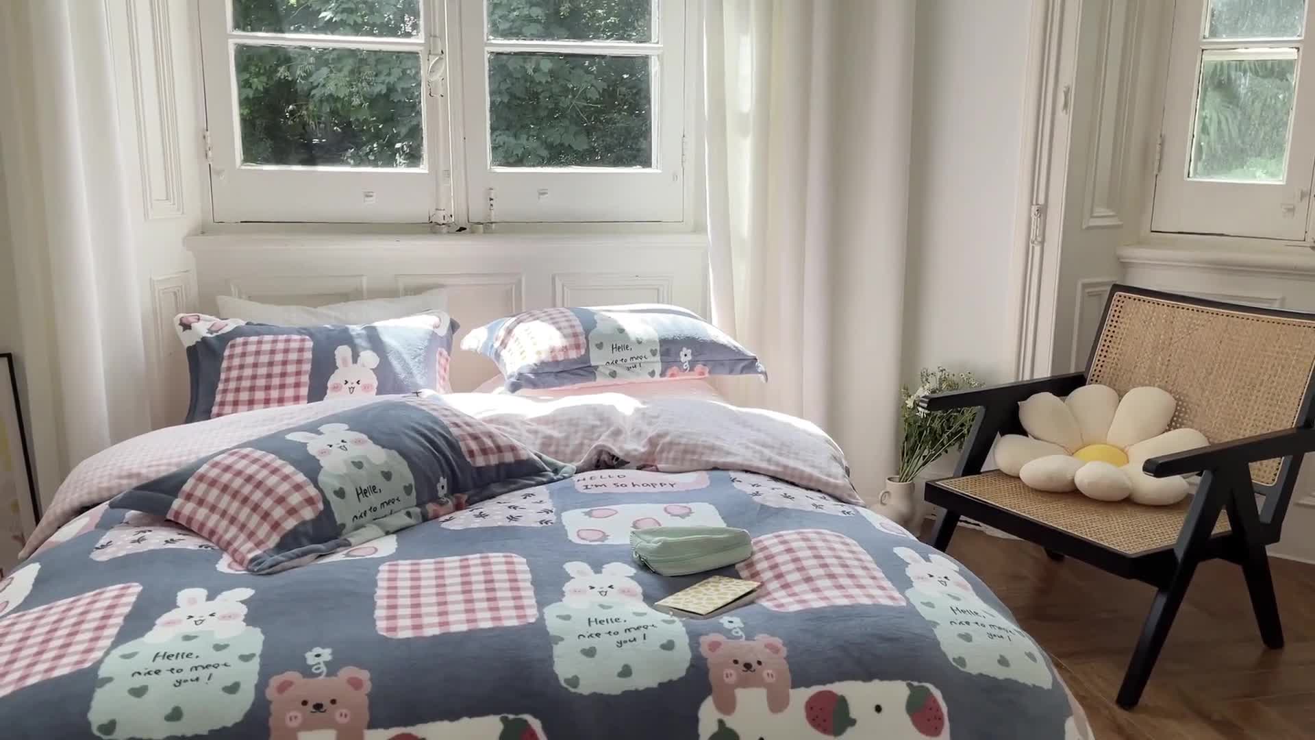 91家纺网 家纺一手货源 找家纺 柚子  2021新款牛奶绒印花四件套 布丁兔