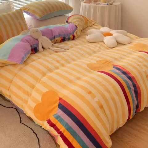 91家纺网 家纺一手货源 找家纺 金爱家 2021新款牛奶绒暖边四件套 彩虹洋