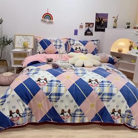 91家纺网 家纺一手货源 找家纺 珺柔家纺2021新款牛奶绒印花四件套 格子奶牛