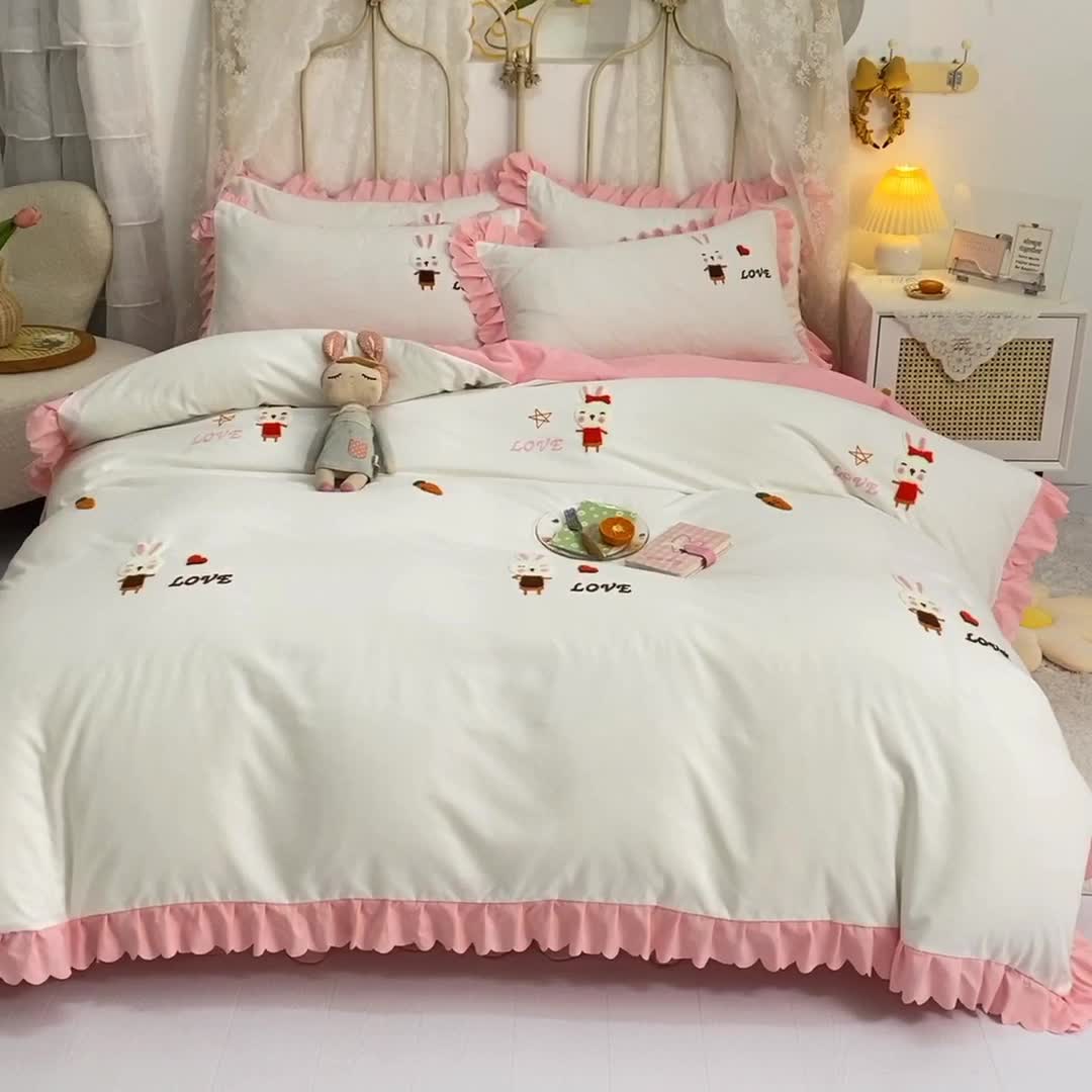 91家纺网 家纺一手货源 找家纺 梦之岛2021新款萌萌兔韩版磨毛蕾丝四件套萌萌兔白