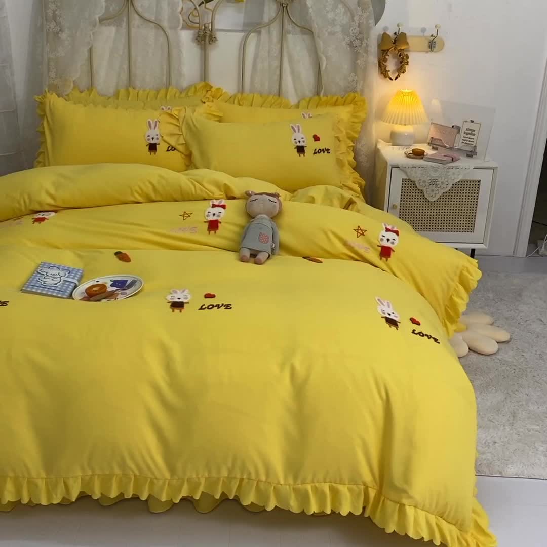 91家纺网 家纺一手货源 找家纺 梦之岛2021新款萌萌兔韩版磨毛蕾丝四件套萌萌兔黄