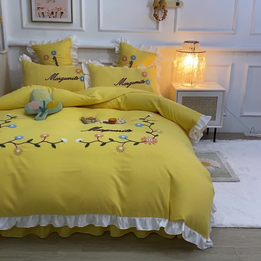 91家纺网 家纺一手货源 找家纺 梦之岛2021新款倾城韩版磨毛蕾丝四件套倾城-柠檬黄