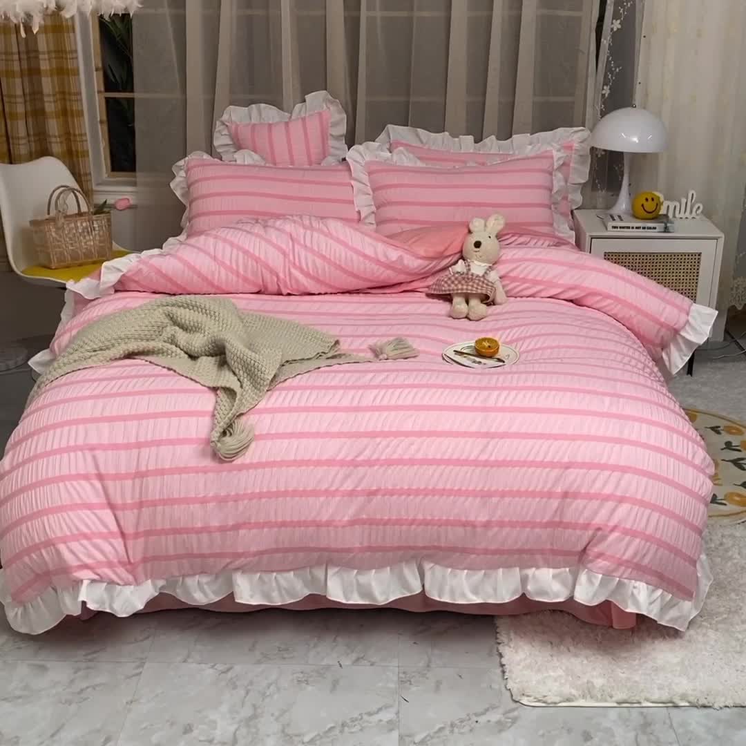 91家纺网 家纺一手货源 找家纺 梦之岛2021新款甜心公主泡泡纱配水晶绒四件套公主粉