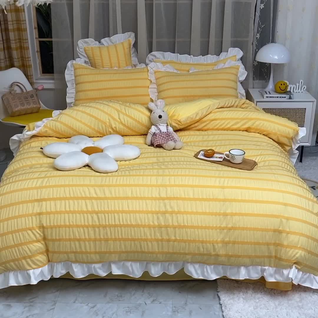 91家纺网 家纺一手货源 找家纺 梦之岛2021新款甜心公主泡泡纱配水晶绒四件套靓丽黄