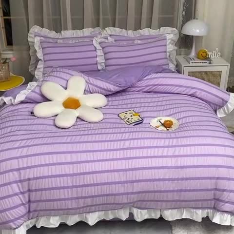 91家纺网 家纺一手货源 找家纺 梦之岛2021新款甜心公主泡泡纱配水晶绒四件套浪漫紫