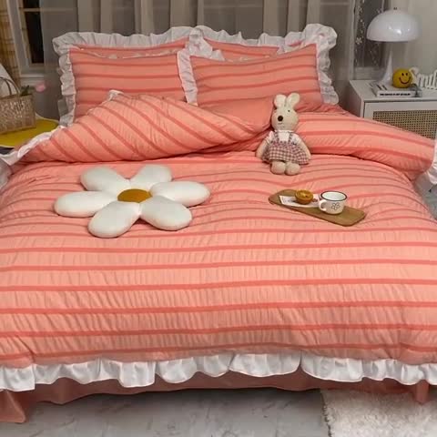 91家纺网 家纺一手货源 找家纺 梦之岛2021新款甜心公主泡泡纱配水晶绒四件套浅粉玉