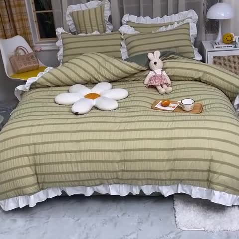 91家纺网 家纺一手货源 找家纺 梦之岛2021新款甜心公主泡泡纱配水晶绒四件套清新绿