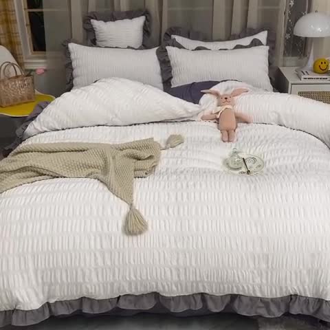 91家纺网 家纺一手货源 找家纺 梦之岛2021新款甜心公主泡泡纱配水晶绒四件套优雅白