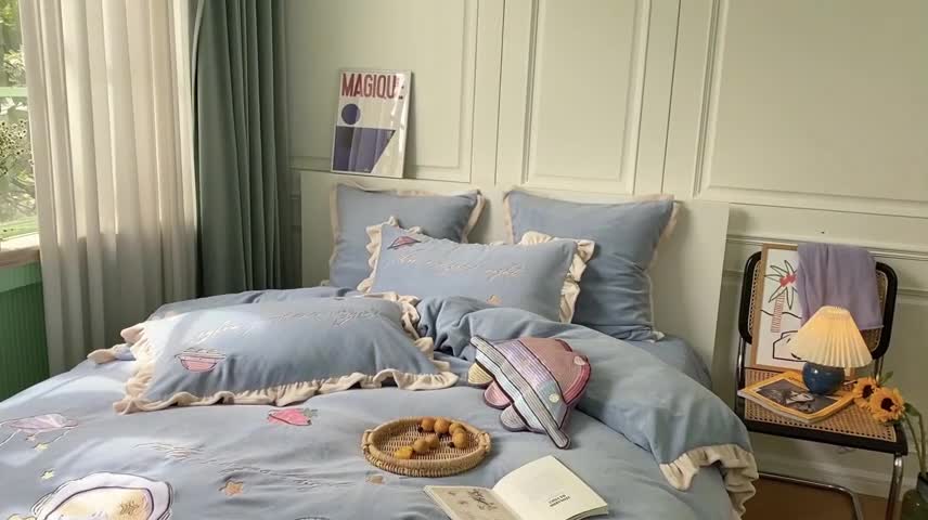 91家纺网 家纺一手货源 找家纺 柚子YOUTH 2021新款牛奶绒工艺款四件套-实拍 星球漫步蓝