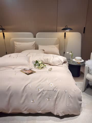 91家纺网 家纺一手货源 找家纺 凡客2021秋冬新款埃类棉刺绣磨毛四件套-樱语 樱语-浅咖