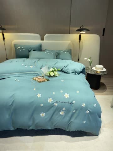 91家纺网 家纺一手货源 找家纺 凡客2021秋冬新款埃类棉刺绣磨毛四件套-樱语 樱语-水蓝