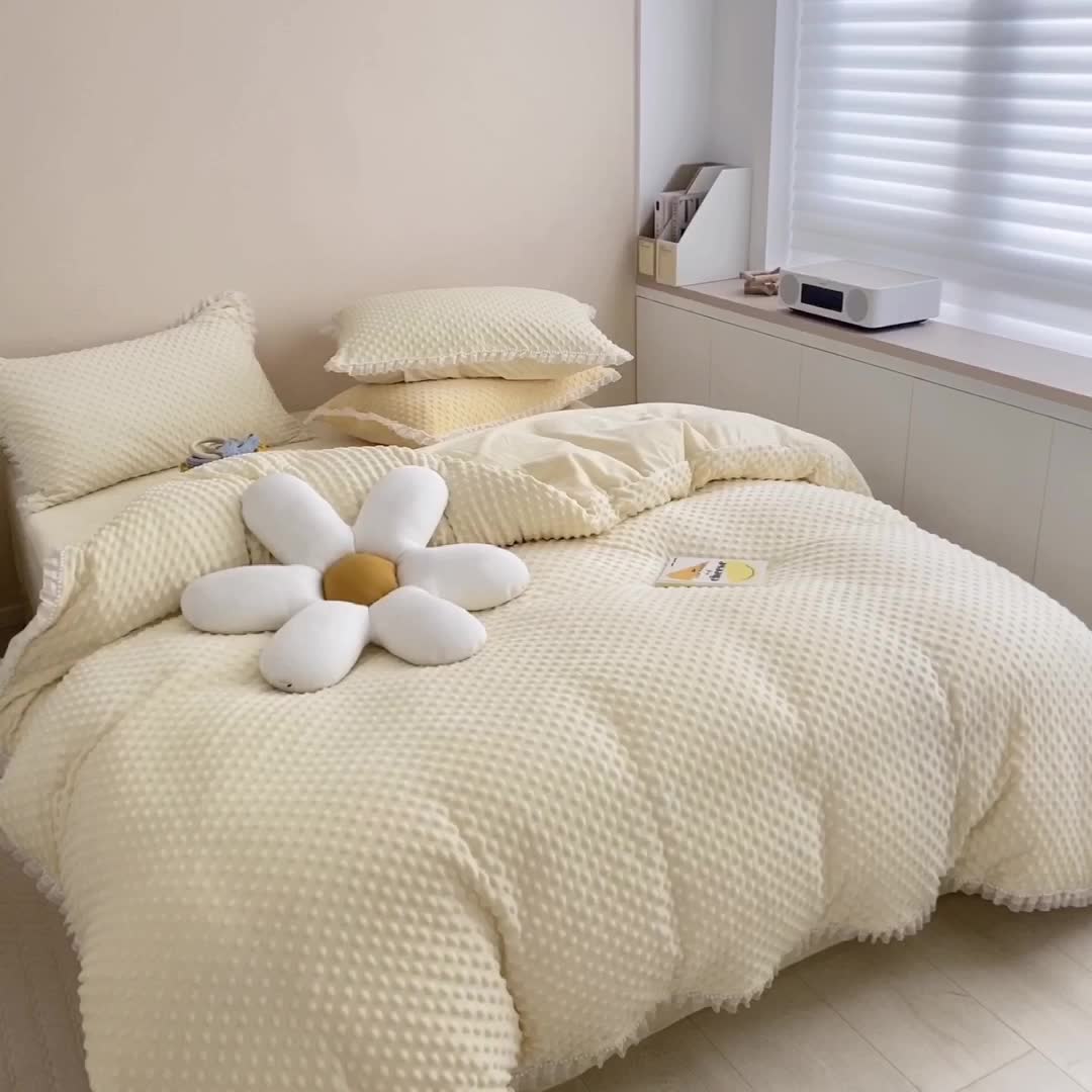 91家纺网 家纺一手货源 找家纺 玛奇朵 2021新款豆豆绒珍珠款四件套-梦露系列 梦露-象牙白