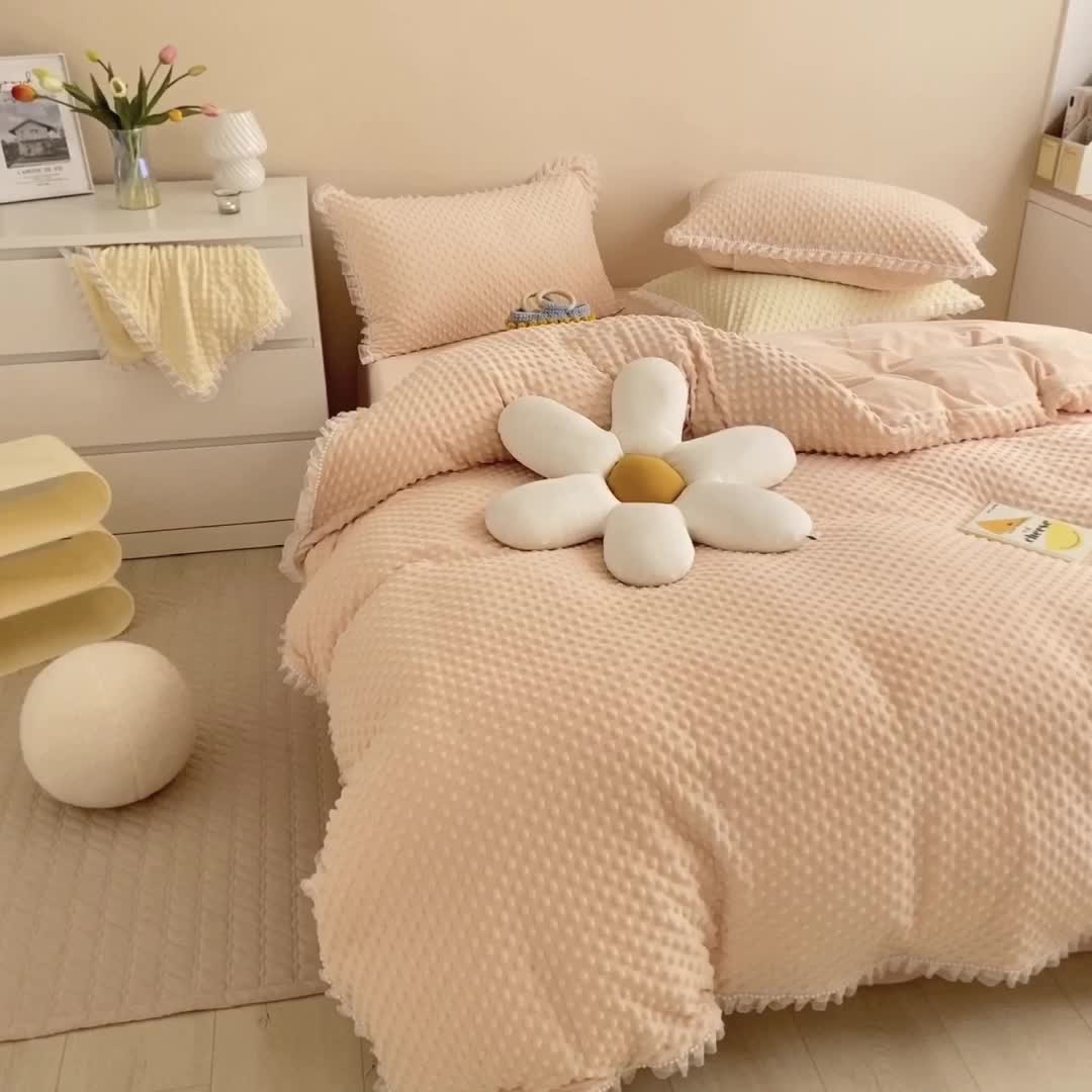 91家纺网 家纺一手货源 找家纺 玛奇朵 2021新款豆豆绒珍珠款四件套-梦露系列 梦露-蜜桃橙