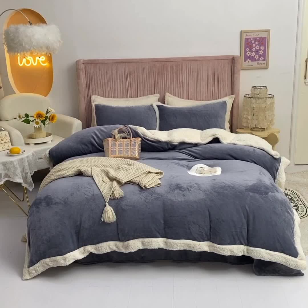 91家纺网 家纺一手货源 找家纺 艾米 2021新款牛奶绒羊羔绒双拼四件套 灰色