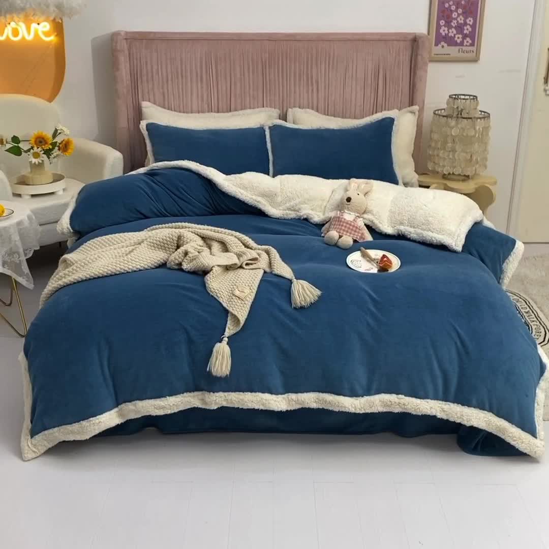 91家纺网 家纺一手货源 找家纺 艾米 2021新款牛奶绒羊羔绒双拼四件套 深蓝