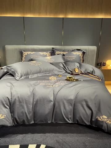 91家纺网 家纺一手货源 找家纺 凡客2022春夏新款浪漫时节60S贡缎长绒棉绣花四件套 浪漫时节（深灰）