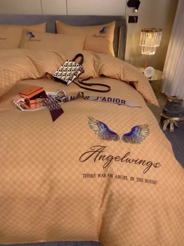 91家纺网 家纺一手货源 找家纺 凡客 2021秋冬新款天使之翼埃类棉刺绣磨毛四件套 天使之翼-姜黄