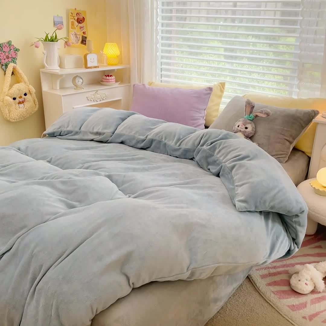 91家纺网 家纺一手货源 找家纺 慕尚 2022新款纯色搭色奶油席牛奶绒四件套 少女-蓝