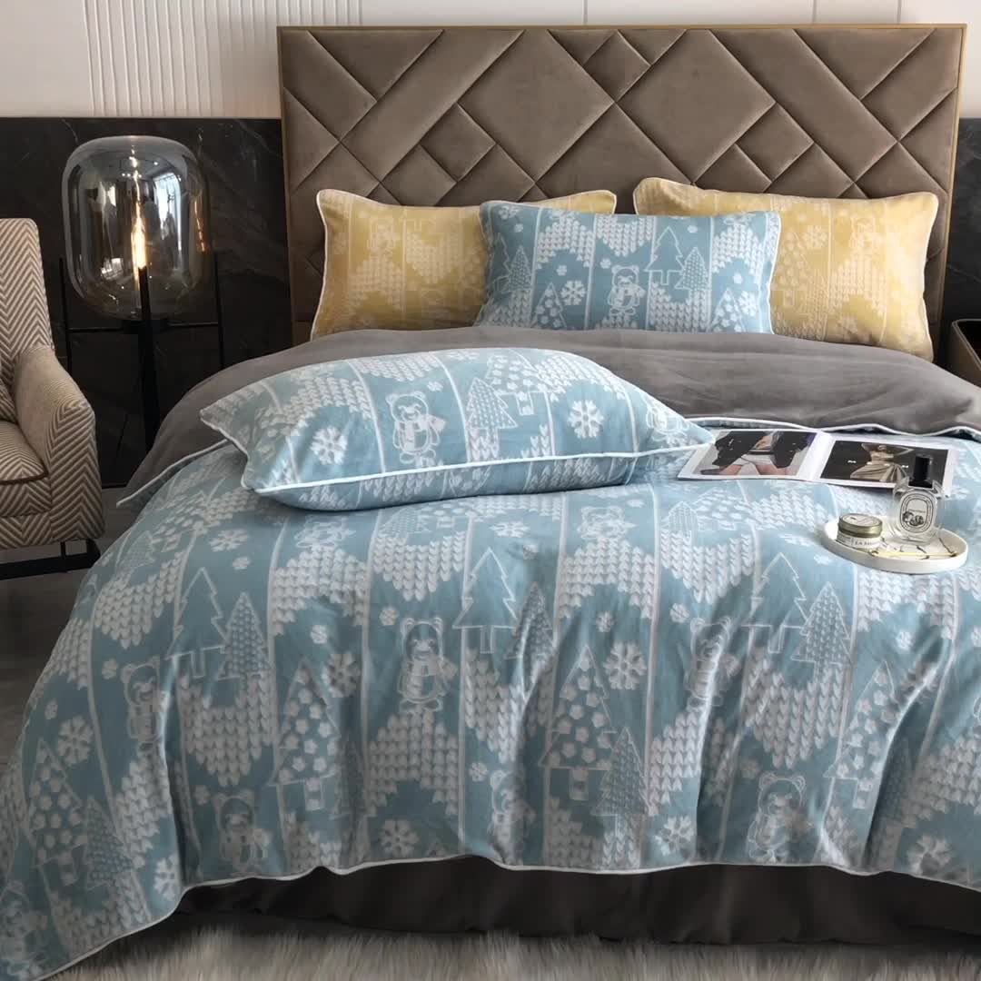 91家纺网 家纺一手货源 找家纺 慕尚 2022新款雕花绒立体牛奶绒轻奢系列四件套 小熊蓝