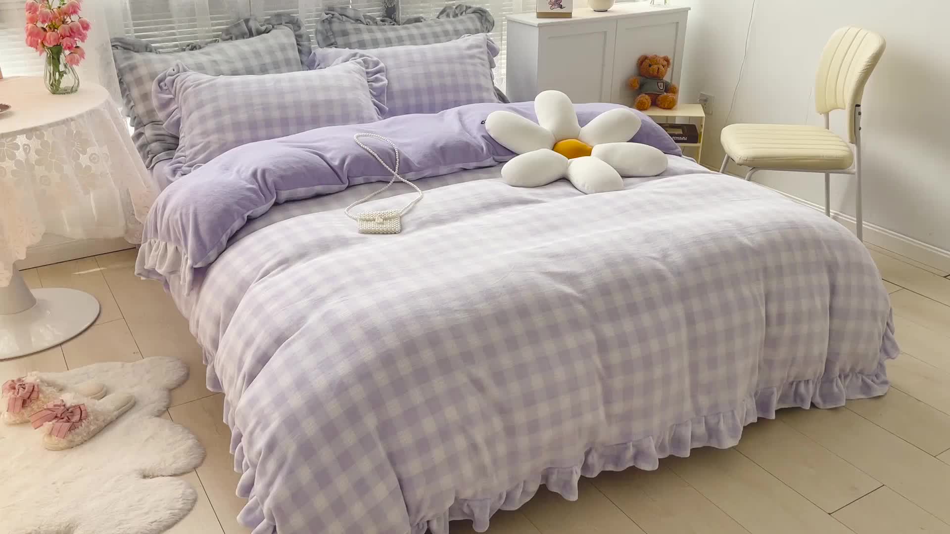 91家纺网 家纺一手货源 找家纺 慕尚2022新款花边奶油格子牛奶绒四件套 花边 奶油格子-紫