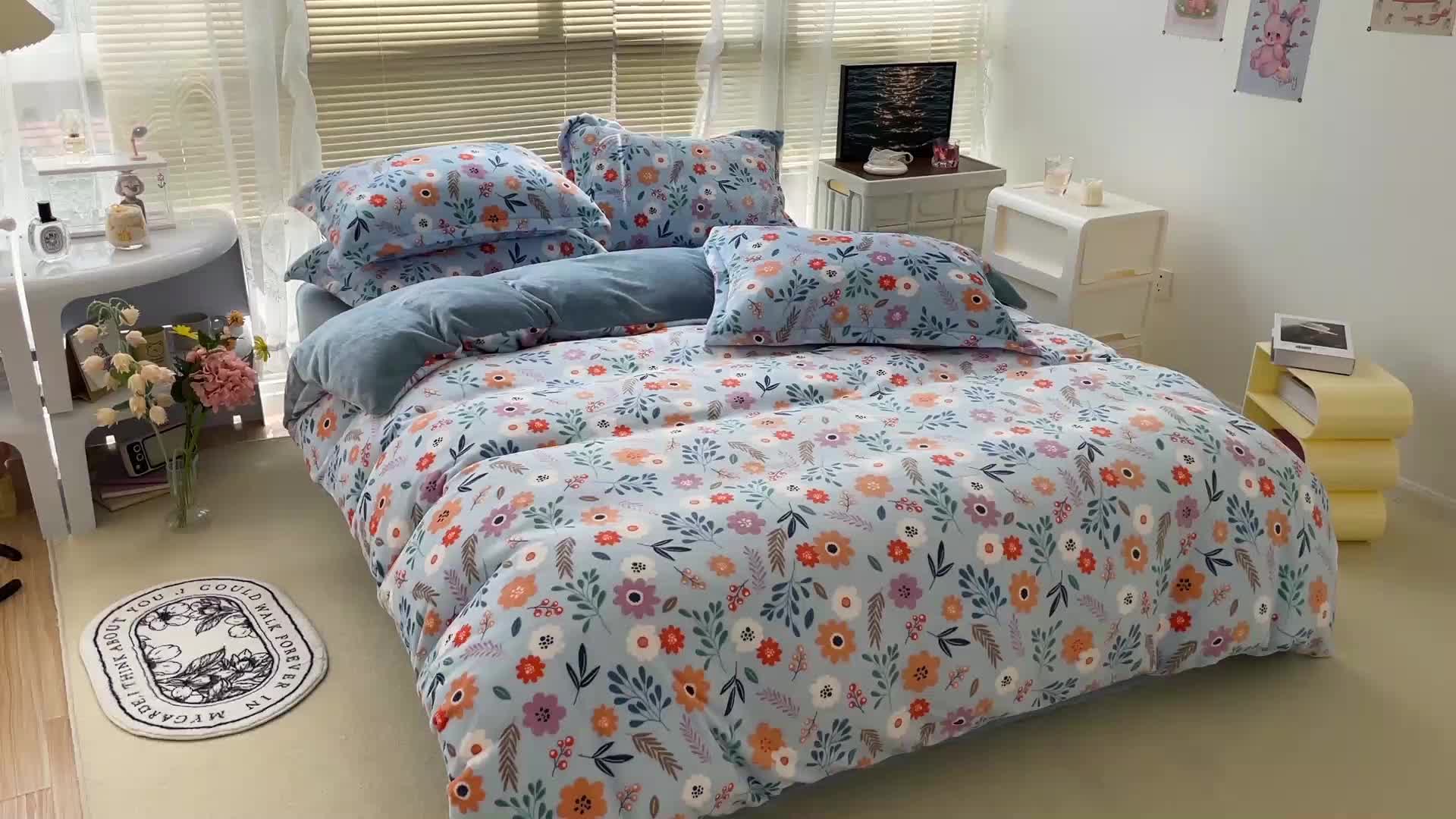 91家纺网 家纺一手货源 找家纺 慕尚 2022新款田园花卉类牛奶绒单被套 花间集