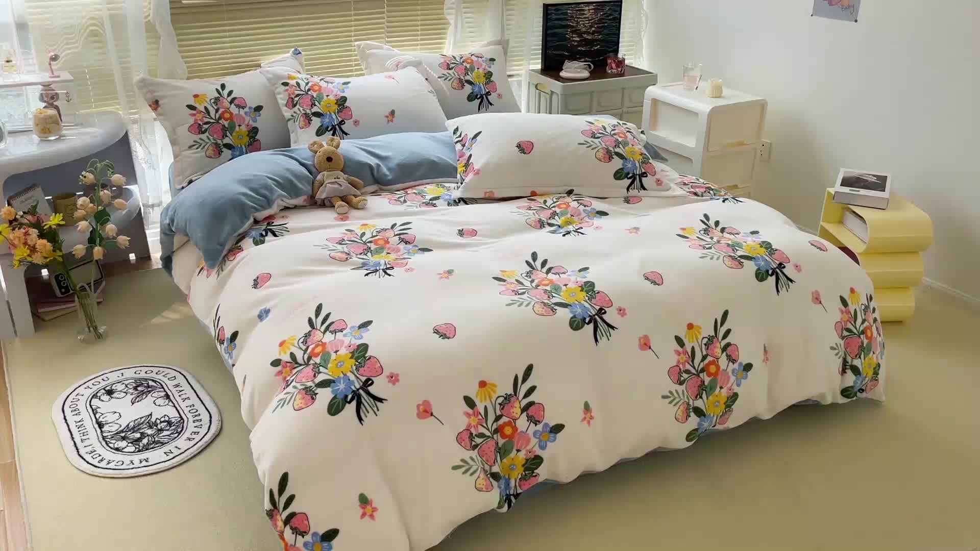 91家纺网 家纺一手货源 找家纺 慕尚2022新款田园花卉类牛奶绒四件套 朵朵凝香