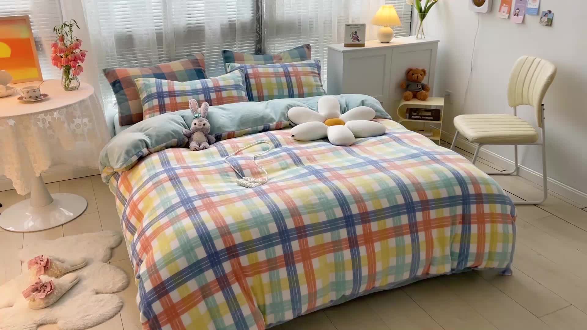 91家纺网 家纺一手货源 找家纺 慕尚2022新款撞色果冻格子复古格子牛奶绒四件套 果冻格子-绿