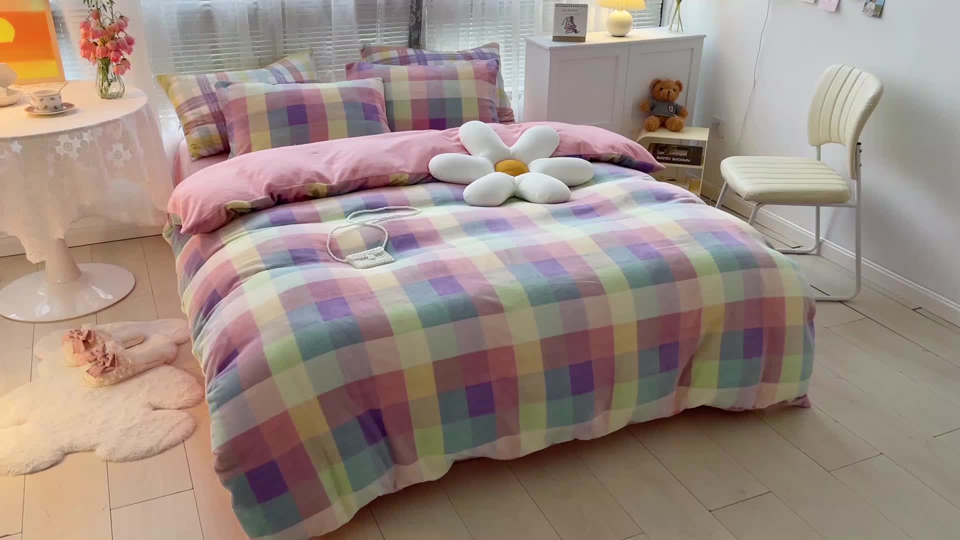 91家纺网 家纺一手货源 找家纺 慕尚2022新款撞色果冻格子复古格子牛奶绒四件套 果冻格子-粉