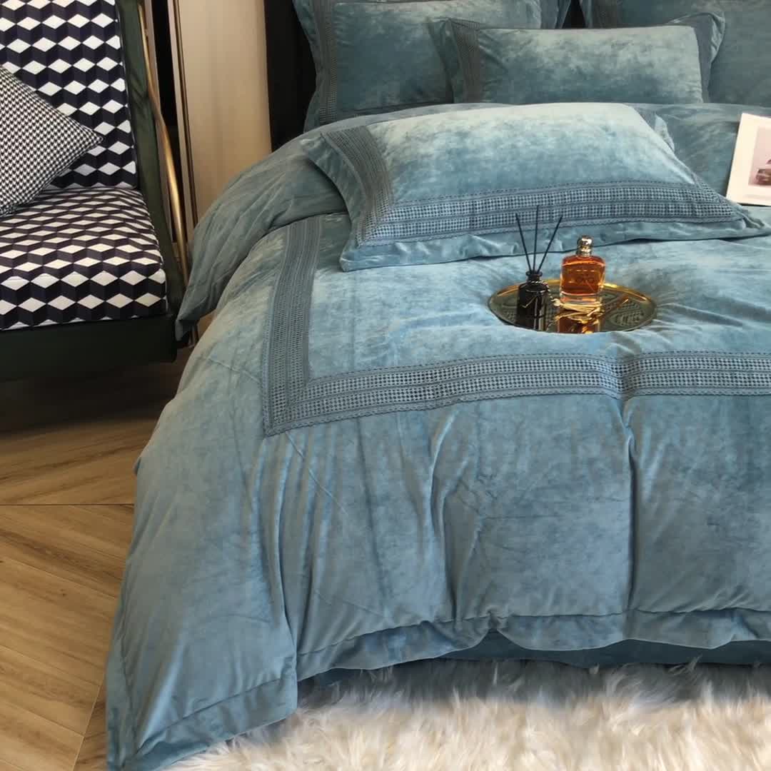 91家纺网 家纺一手货源 找家纺 榻尚 2021新款柔肤绒花边款四件套遇见系列 绿