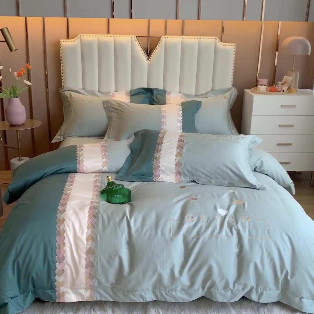 91家纺网 家纺一手货源 找家纺 杜先生 2021新款100支长绒棉刺绣四件套—漫时光 蔚蓝