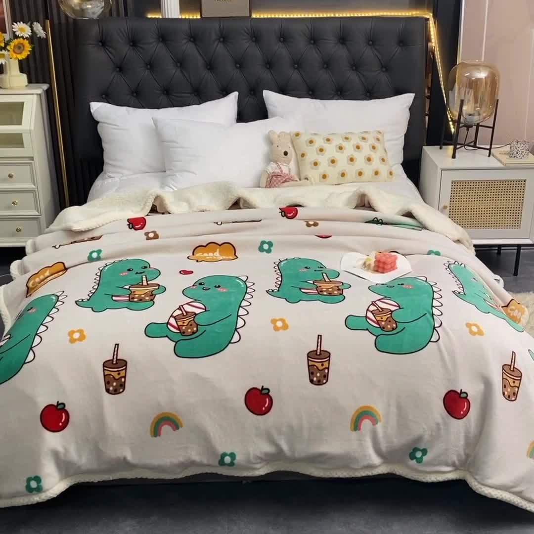 91家纺网 家纺一手货源 找家纺 眠博士 2021新款印花拼羊羔绒单被套 奶茶小龙