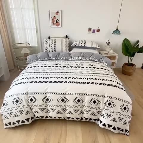 91家纺网 家纺一手货源 找家纺 珺柔家纺2021新款全棉印花水晶绒四件套黑白调