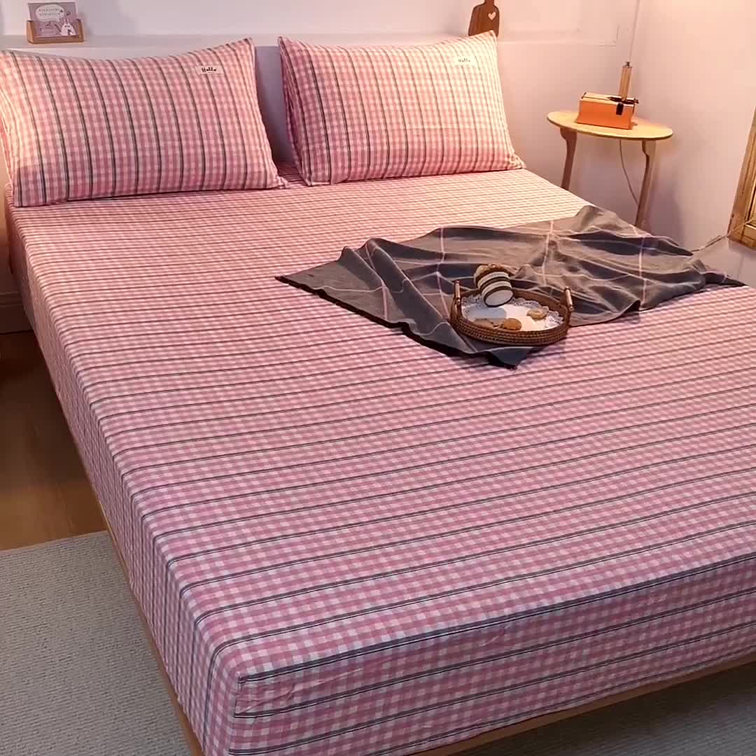 91家纺网 家纺一手货源 找家纺 柠萌2021新款全棉色织水洗棉单床笠 粉灰小格