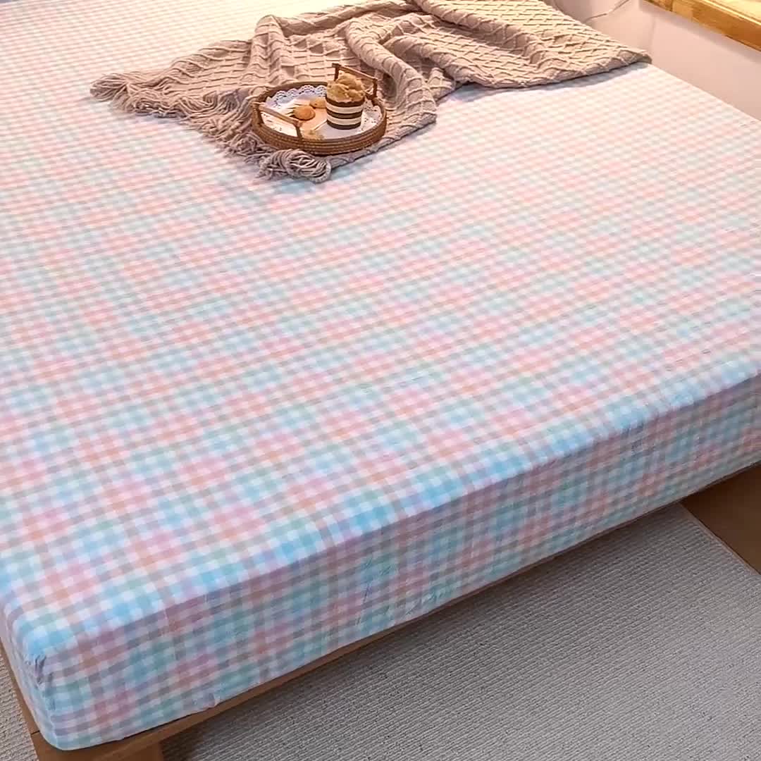 91家纺网 家纺一手货源 找家纺 柠萌2021新款全棉色织水洗棉单床笠 冰激凌格