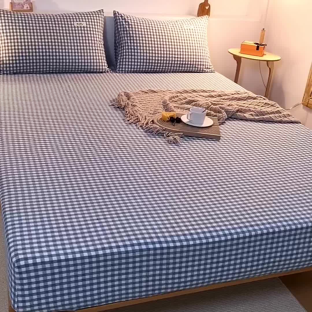 91家纺网 家纺一手货源 找家纺 柠萌2021新款全棉色织水洗棉单床笠 浅蓝小格