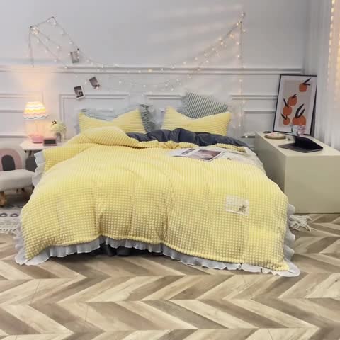 91家纺网 家纺一手货源 找家纺 潮邦2025韩版剪花牛奶绒四件套-锦华 锦华-黄